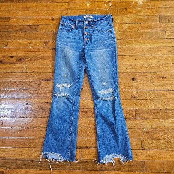 Madewell Cali Demi Boot Jeans Womens 24 Blue Button Fly Distressed Bess Wash - Picture 1 of 11